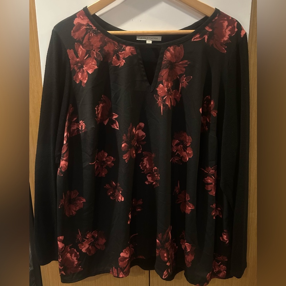 41 Hawthorn Black Long Sleeve Top with Red Floral Design